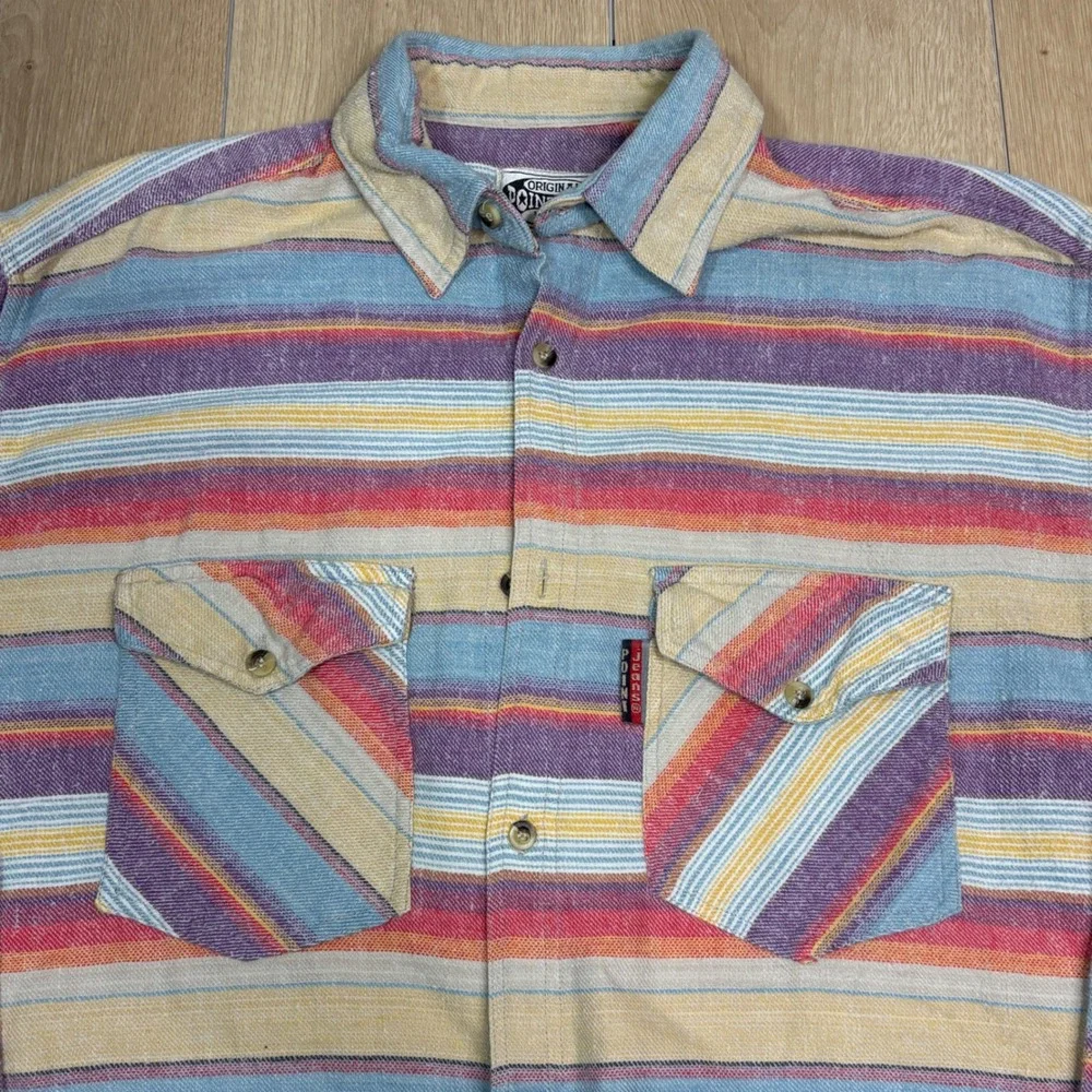 Point Zero Mens Multi Color Striped Cotton Button Down Flannel Shirt Medium